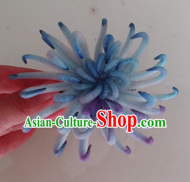 China Handmade Ming Dynasty Hairpin Ancient Princess Blue Velvet Chrysanthemum Hair Stick