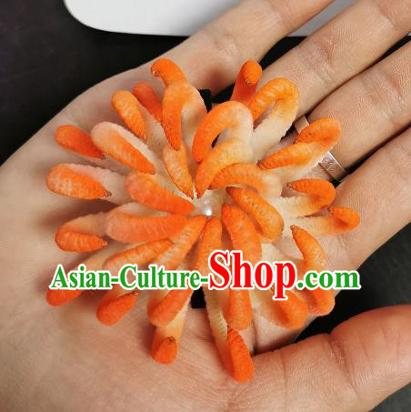 China Ming Dynasty Orange Velvet Chrysanthemum Hairpin Handmade Ancient Palace Princess Hair Stick