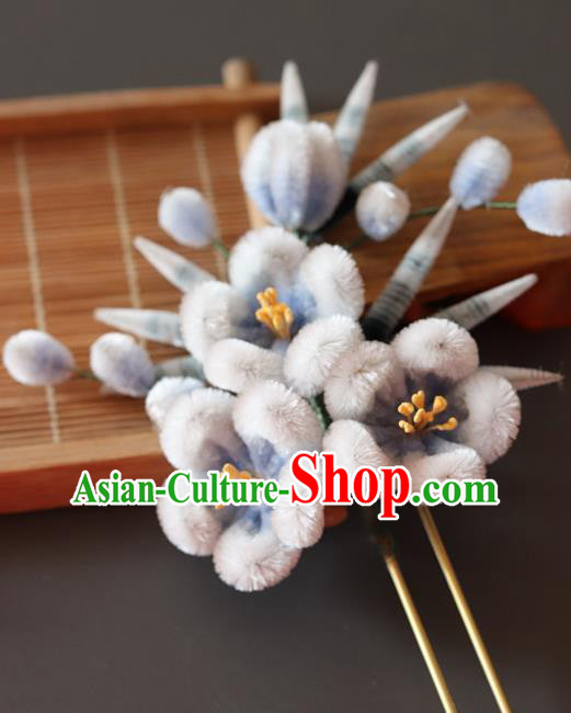China Handmade Blue Velvet Plum Bamboo Hair Stick Traditional Ancient Princess Hanfu Hairpin