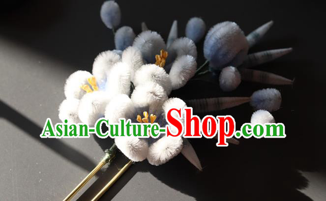 China Handmade Blue Velvet Plum Bamboo Hair Stick Traditional Ancient Princess Hanfu Hairpin