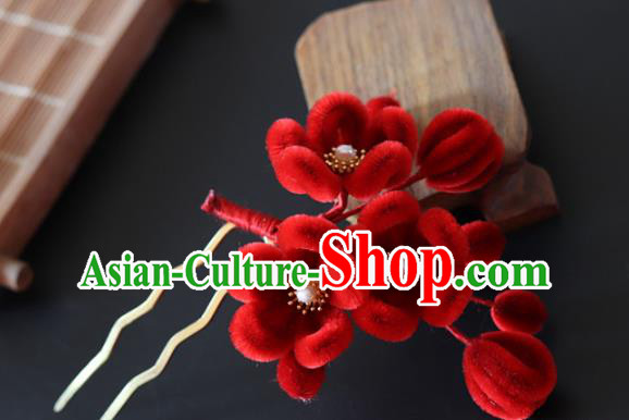 China Handmade Red Velvet Plum Blossom Hair Stick Traditional Ancient Qing Dynasty Princess Hairpin