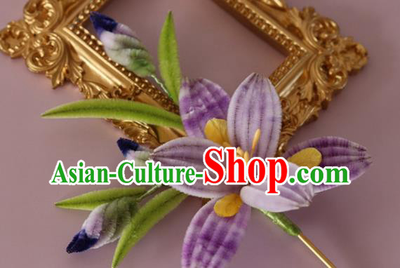 China Traditional Ancient Qing Dynasty Hairpin Handmade Lilac Velvet Lily Flower Hair Stick