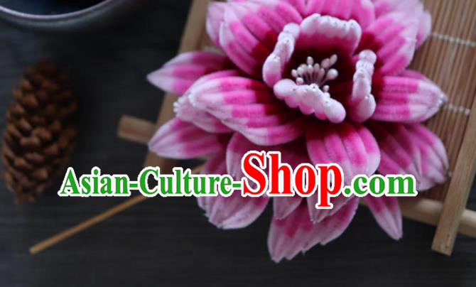 China Ancient Qing Dynasty Empress Flower Hairpin Traditional Handmade Rosy Velvet Peony Hair Stick