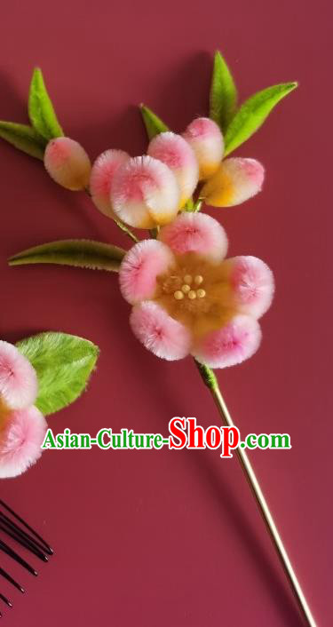 China Ancient Empress Pink Plum Blossom Hairpin Traditional Handmade Velvet Hair Stick