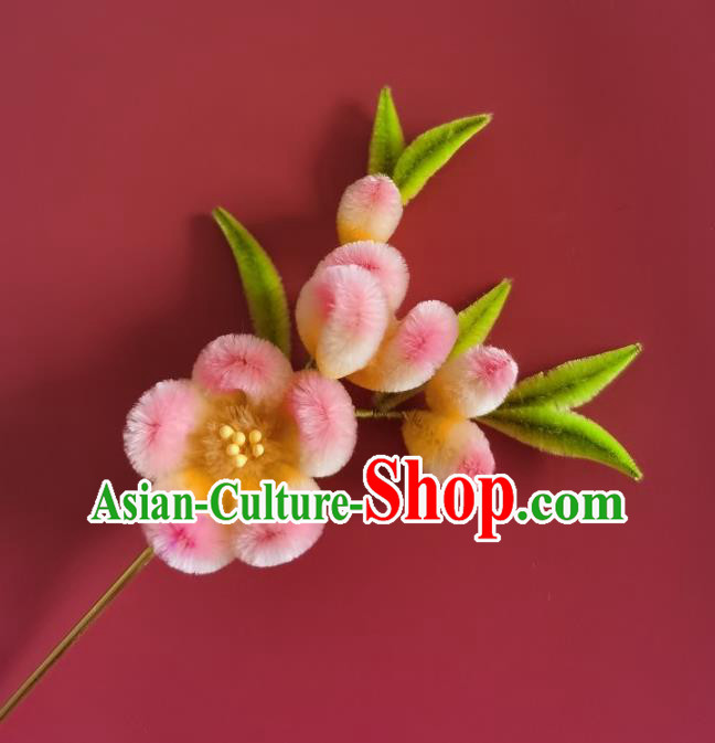 China Ancient Empress Pink Plum Blossom Hairpin Traditional Handmade Velvet Hair Stick