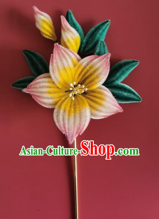 China Traditional Handmade Velvet Hair Stick Ancient Empress Pink Peach Blossom Hairpin