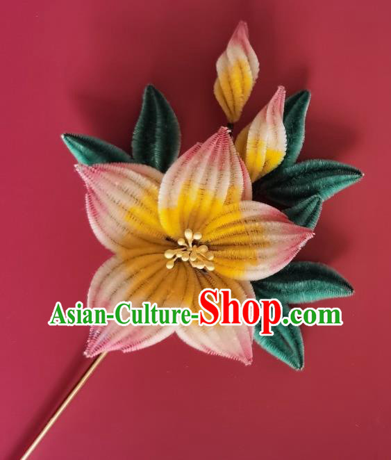 China Traditional Handmade Velvet Hair Stick Ancient Empress Pink Peach Blossom Hairpin
