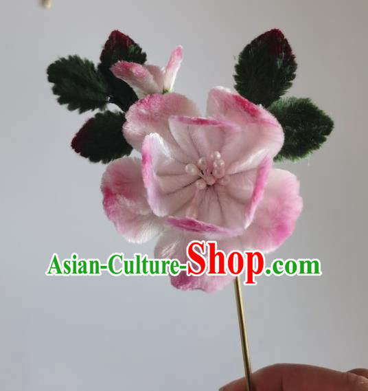China Traditional Handmade Pink Velvet Peach Blossom Hairpin Ancient Princess Hair Stick