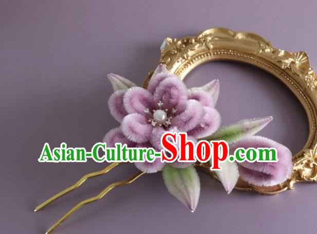 Traditional China Handmade Purple Velvet Flowers Hair Accessories Ancient Hanfu Hairpin