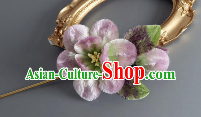 Traditional China Ancient Hanfu Hairpin Handmade Lilac Velvet Flowers Hair Accessories