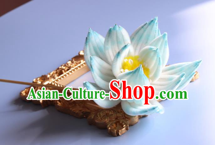 Handmade China Ancient Hanfu Hairpin Traditional Blue Velvet Lotus Hair Accessories