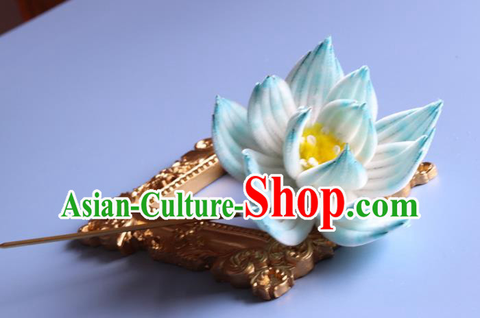 Handmade China Ancient Hanfu Hairpin Traditional Blue Velvet Lotus Hair Accessories