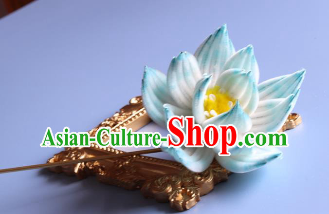 Handmade China Ancient Hanfu Hairpin Traditional Blue Velvet Lotus Hair Accessories