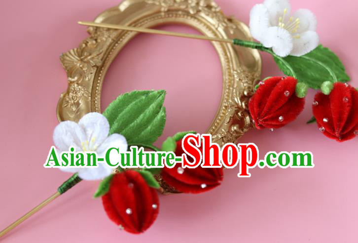 Handmade China Ancient Hanfu Red Velvet Strawberry Hairpin Traditional Hair Accessories