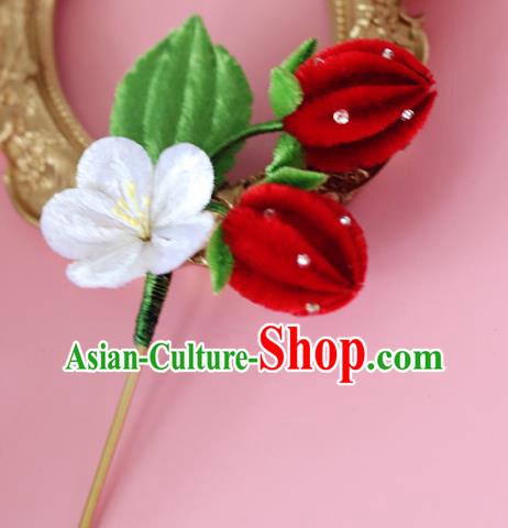 Handmade China Ancient Hanfu Red Velvet Strawberry Hairpin Traditional Hair Accessories