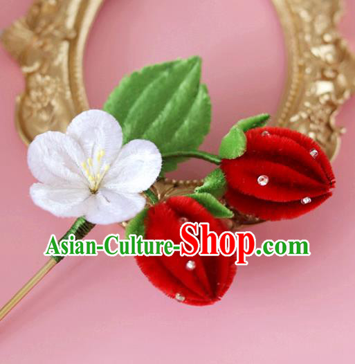 Handmade China Ancient Hanfu Red Velvet Strawberry Hairpin Traditional Hair Accessories