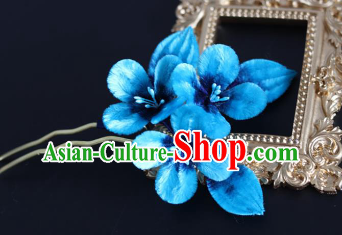 Handmade China Ancient Blue Velvet Plum Blossom Hairpin Traditional Hanfu Hair Accessories