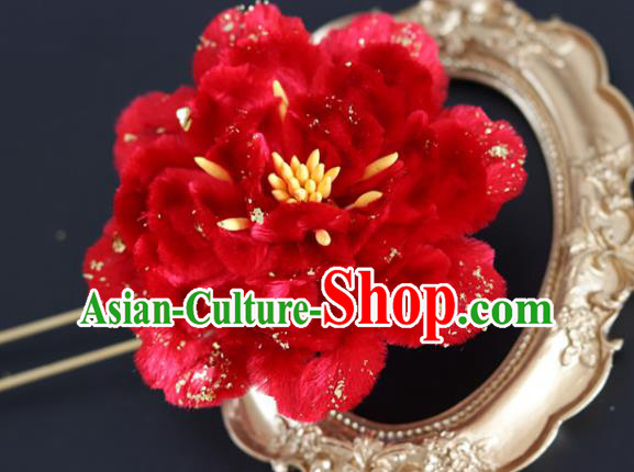 Handmade China Traditional Wedding Hanfu Hair Accessories Ancient Red Velvet Peony Hairpin