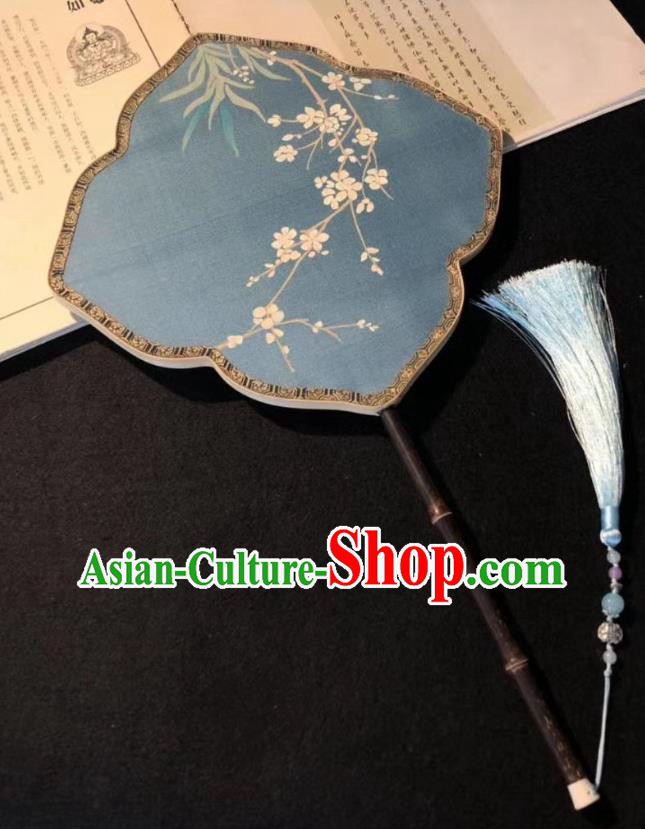 China Traditional Blue Silk Palace Fan Hand Painting Plum Blossom Fan