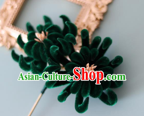 Handmade China Ancient Court Green Velvet Chrysanthemum Hairpin Traditional Hanfu Hair Accessories Hair Stick