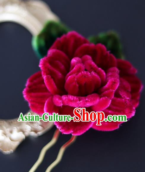 Handmade China Traditional Hanfu Hair Accessories Hair Stick Ancient Court Rosy Velvet Rose Hairpin