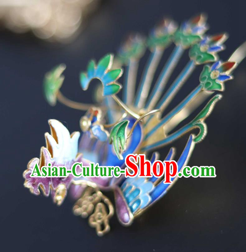 Handmade China Ancient Court Lady Blueing Phoenix Hairpin Traditional Qing Dynasty Hair Accessories Hair Crown