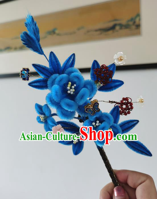 China Ancient Palace Lady Blue Velvet Plum Hairpin Traditional Hanfu Hair Accessories Handmade Garnet Beads Hair Stick