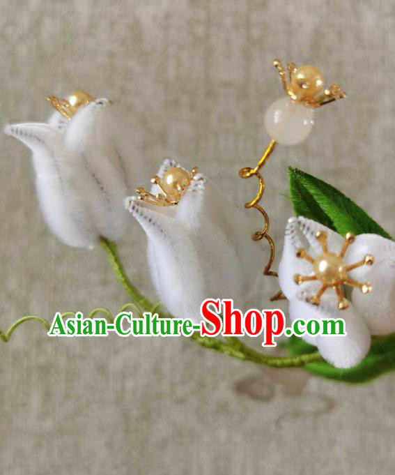 China Classical Hanfu White Velvet Convallaria Hair Stick Traditional Ancient Court Hair Claw