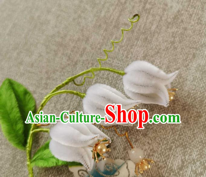 China Classical Hanfu White Velvet Convallaria Hair Stick Traditional Ancient Court Hair Claw