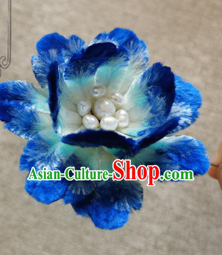 Handmade China Traditional Cheongsam Pearls Accessories Classical Blue Velvet Peony Brooch