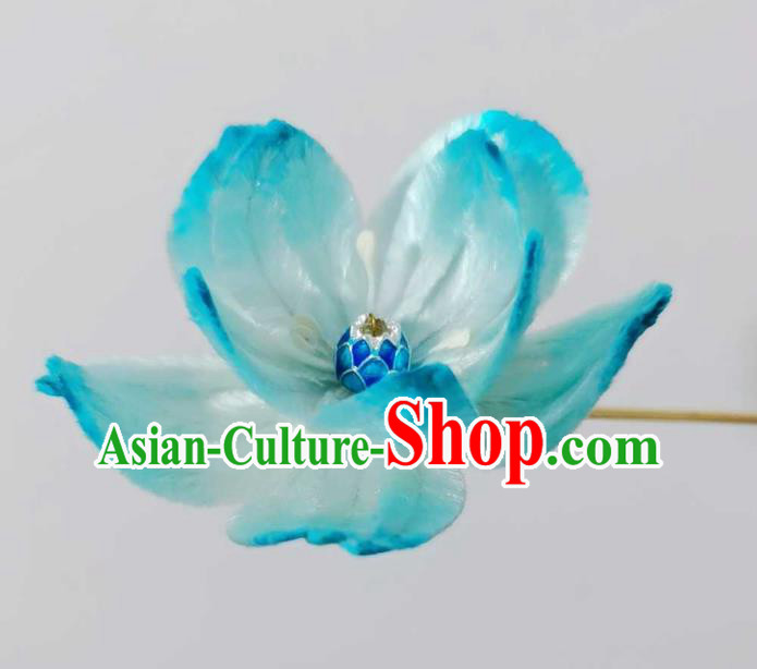 China Traditional Ancient Court Cloisonne Lotus Hairpin Classical Hanfu Blue Velvet Hair Stick