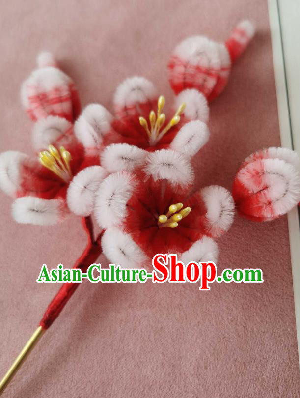 China Classical Hanfu Velvet Hair Stick Traditional Ancient Court Red Plum Blossom Hairpin