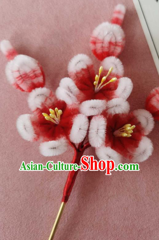 China Classical Hanfu Velvet Hair Stick Traditional Ancient Court Red Plum Blossom Hairpin