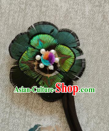 China Handmade Ebony Hair Stick Traditional Hanfu Hair Accessories Classical Cheongsam Peacock Feather Hairpin