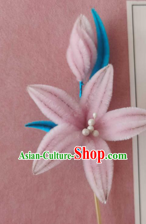 China Classical Hanfu Pink Velvet Lily Flower Hair Stick Traditional Ancient Court Lady Hairpin