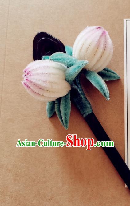 China Classical Hanfu Velvet Peach Hair Stick Traditional Ancient Court Lady Ebony Hairpin