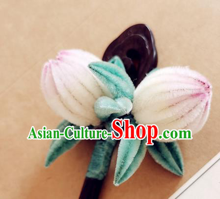 China Classical Hanfu Velvet Peach Hair Stick Traditional Ancient Court Lady Ebony Hairpin