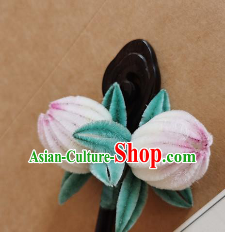 China Classical Hanfu Velvet Peach Hair Stick Traditional Ancient Court Lady Ebony Hairpin