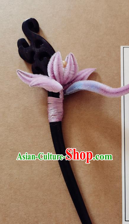 China Classical Hanfu Pink Velvet Orchids Hair Stick Traditional Ancient Court Lady Ebony Pearls Hairpin