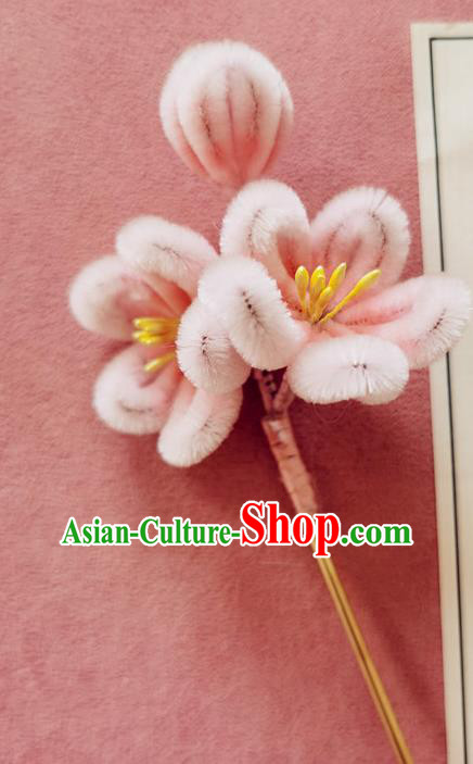 China Classical Hanfu Pink Velvet Plum Blossom Hair Stick Traditional Ancient Court Lady Flowers Hairpin
