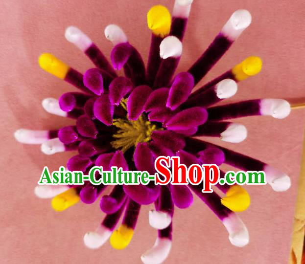 China Classical Hanfu Velvet Hairpin Traditional Ancient Court Lady Purple Chrysanthemum Hair Stick