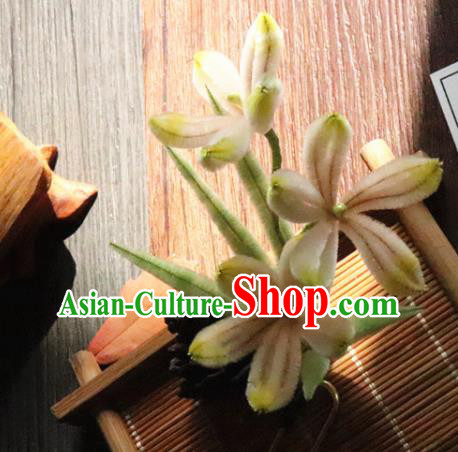 China Classical Hanfu Velvet Orchids Hairpin Traditional Ancient Court Lady Hair Stick