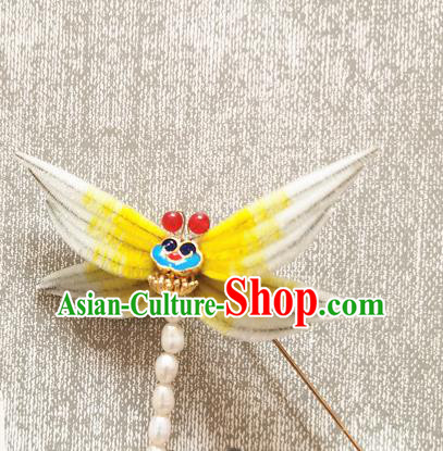 China Handmade Pearls Dragonfly Hair Stick Traditional Hanfu Hair Accessories Classical Cheongsam Yellow Velvet Hairpin