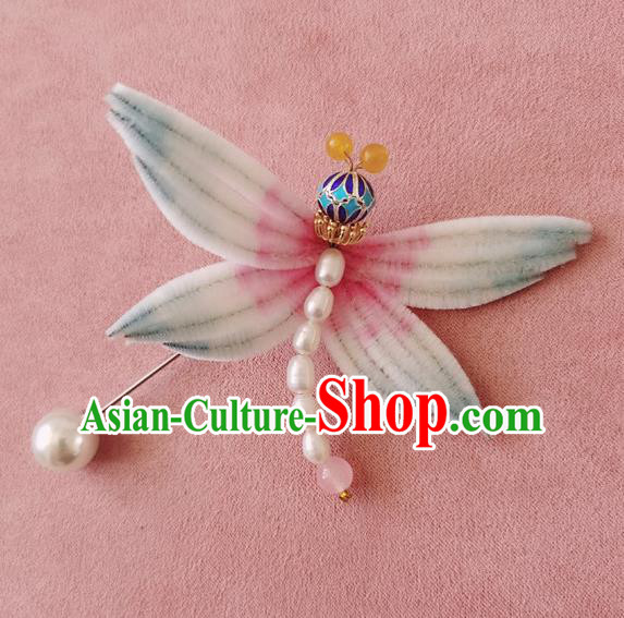Handmade China Classical Velvet Dragonfly Brooch Traditional Cheongsam Pearls Accessories