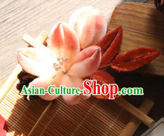 China Traditional Ancient Court Lady Lotus Hair Stick Classical Hanfu Pink Velvet Hairpin