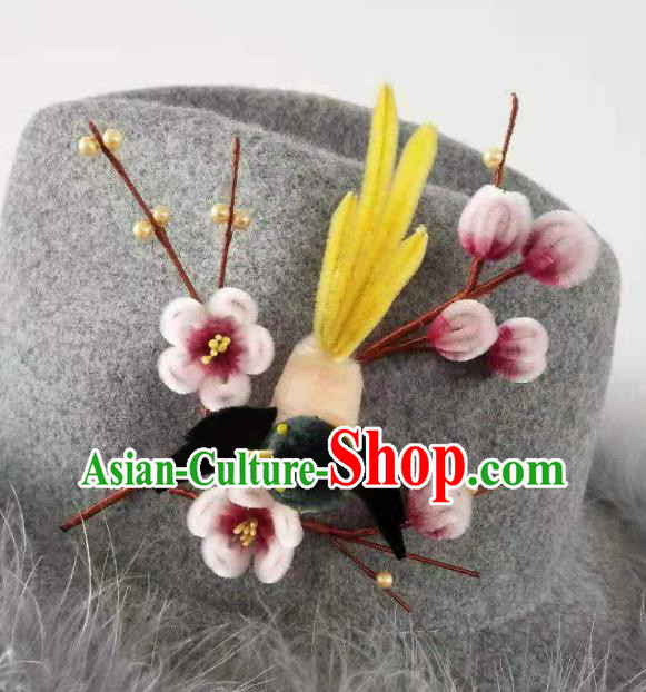 China Classical Hanfu Velvet Magpie Plum Hairpin Traditional Ancient Palace Lady Hair Stick