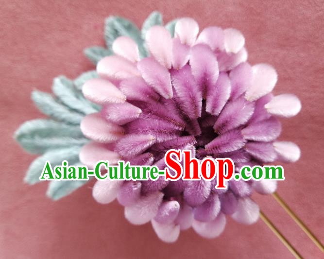 China Traditional Ancient Palace Lady Lilac Velvet Chrysanthemum Hair Stick Classical Hanfu Flowers Hairpin