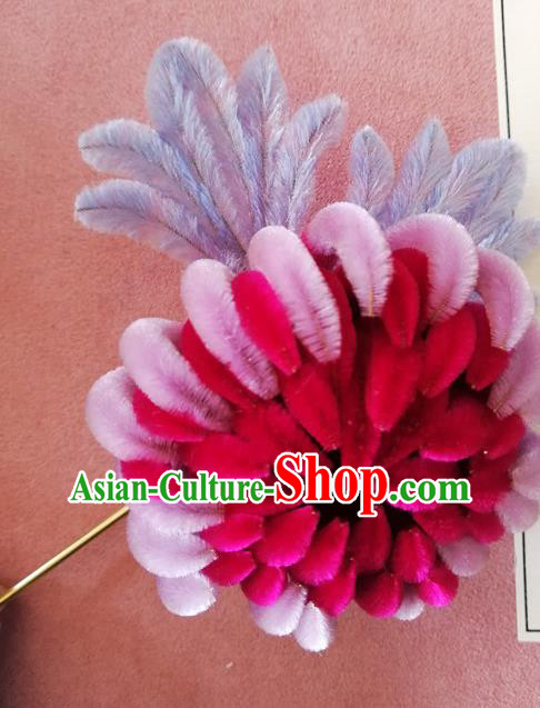 China Traditional Ancient Palace Lady Flowers Hairpin Classical Hanfu Rosy Velvet Chrysanthemum Hair Stick