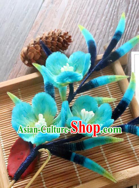 China Traditional Ancient Palace Lady Bamboo Hair Stick Classical Hanfu Blue Velvet Plum Hairpin