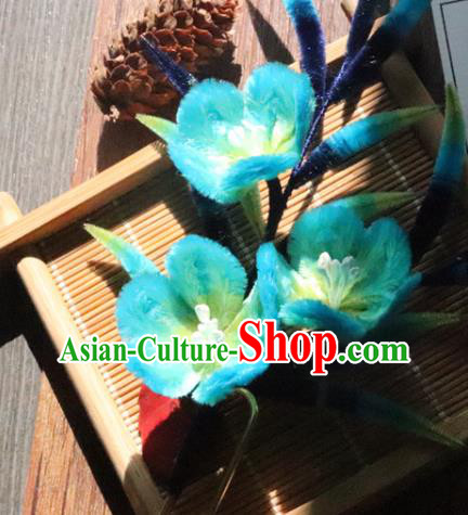 China Traditional Ancient Palace Lady Bamboo Hair Stick Classical Hanfu Blue Velvet Plum Hairpin